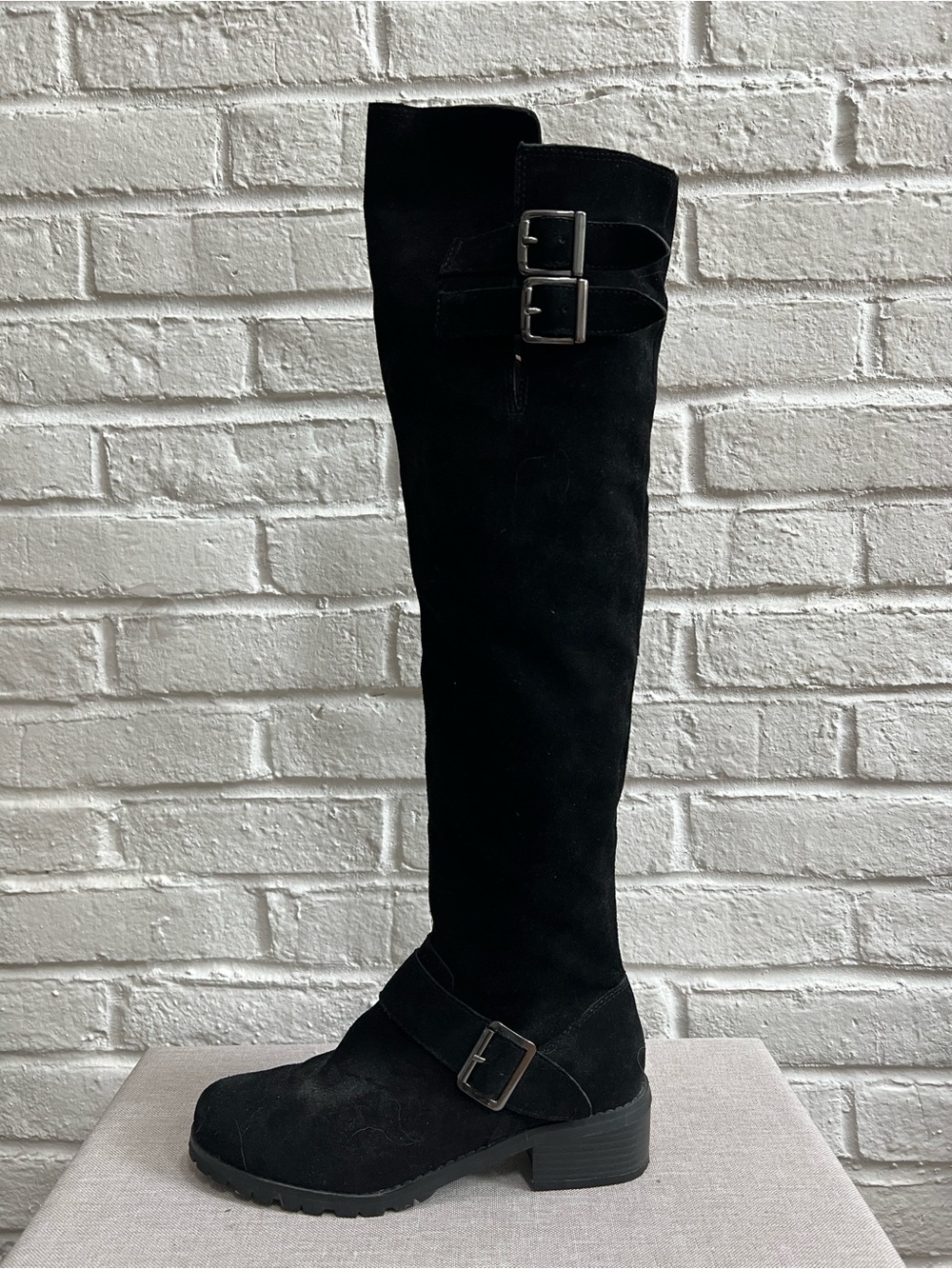 SOLE SOCIETY Black Suede Over the Knee Boots with Low heel Lug sole Buckles